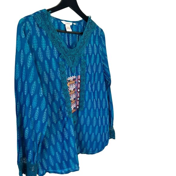 Sundance Blue Boho Print Embroidered Long Sleeve Top Cotton Silk Blend Medium - Picture 2 of 7